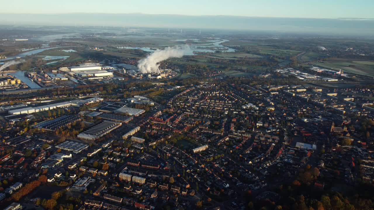 Aerial view of a city with industrial activity