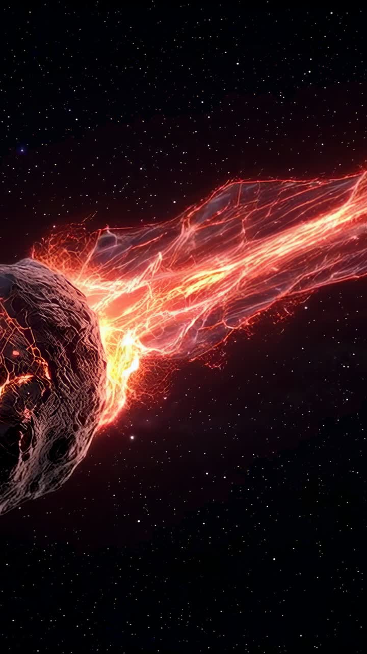 Video verticale: Fessure incandescenti, asteroide roccioso che emette una scia infuocata nello spazio, spazio per il testo