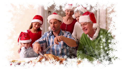 cena familiar de navidad con borde de copo de nieve