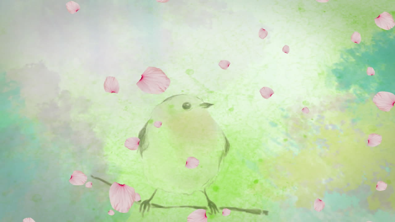 Animation of spring scenery with floating pink flower petals