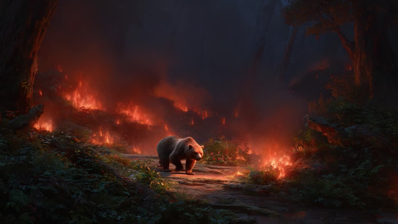 Un orso grizzly si fa strada in una foresta in fiamme, mostrando le difficoltà della fauna selvatica tra gli effetti devastanti degli incendi