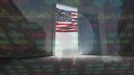 animation of data processing over flag of usa and door