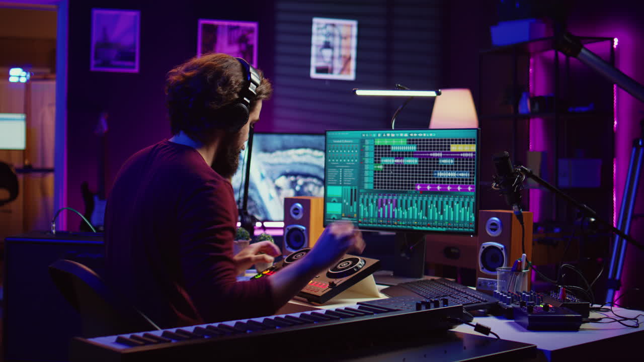 artista mejorando la calidad de sonido de las grabaciones de audio en el estudio doméstico