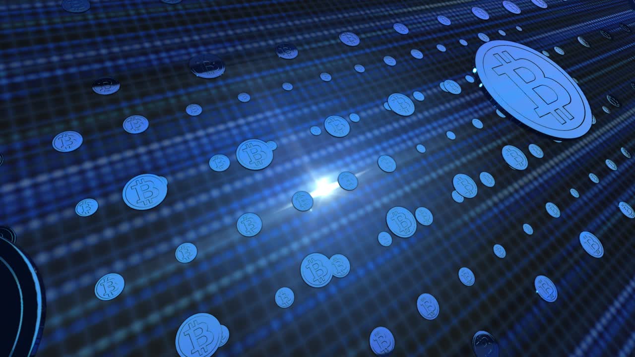 Motion graphic of Blue bitcoin arranged in a row on technology background