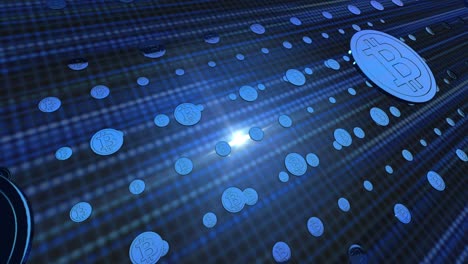 motion graphic of blue bitcoin arranged in a row on technology background