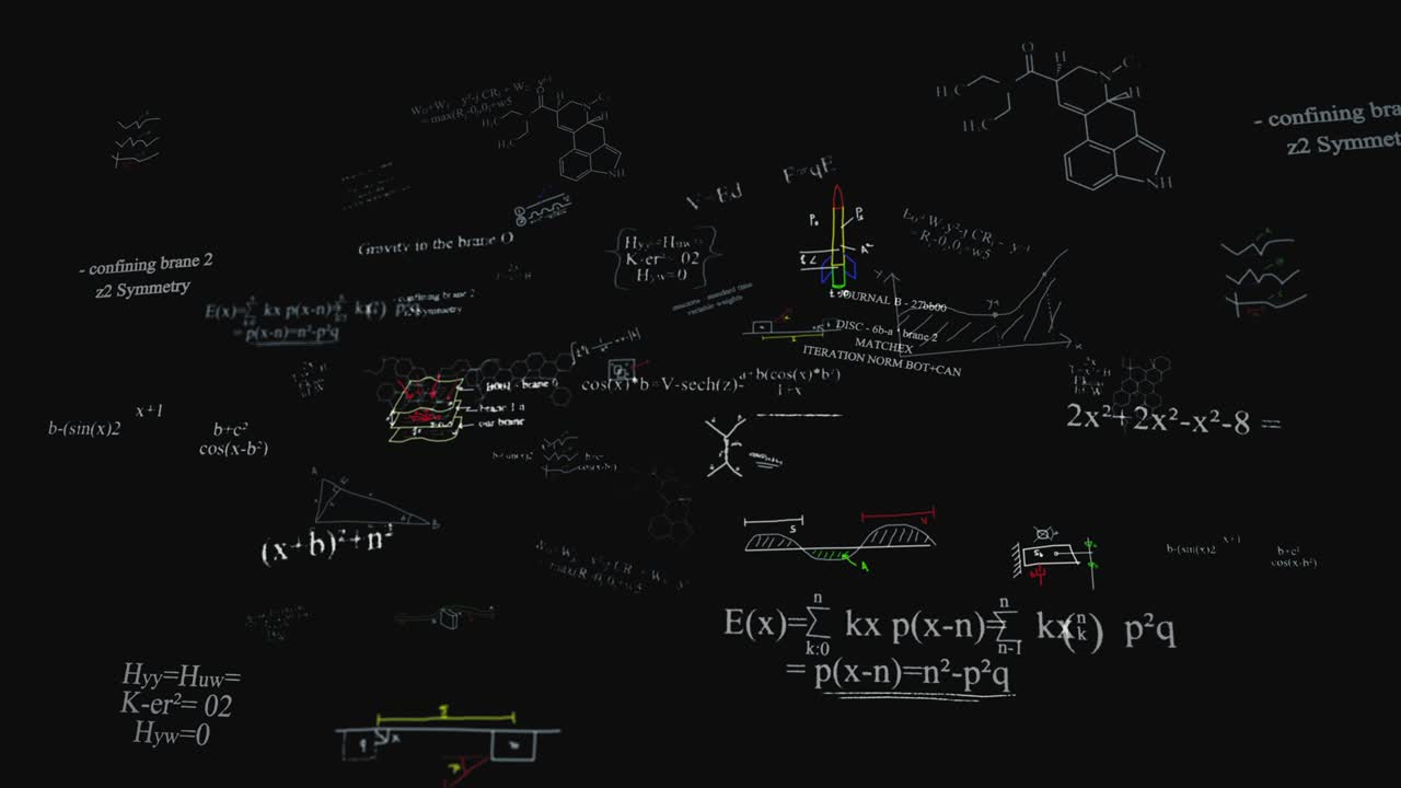 Math, chemical formulas and equations on black background animation loop