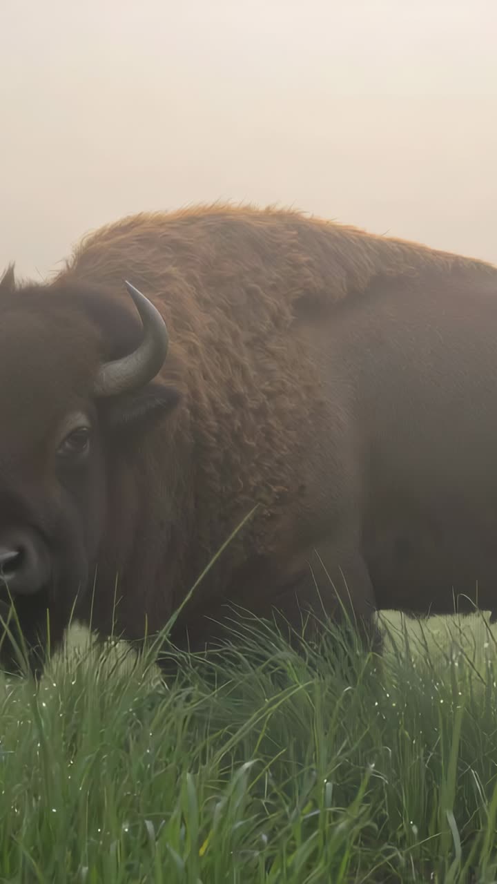Vertical video: Standing horned bison shifting head and twitching ear on misty plain, dew grass
