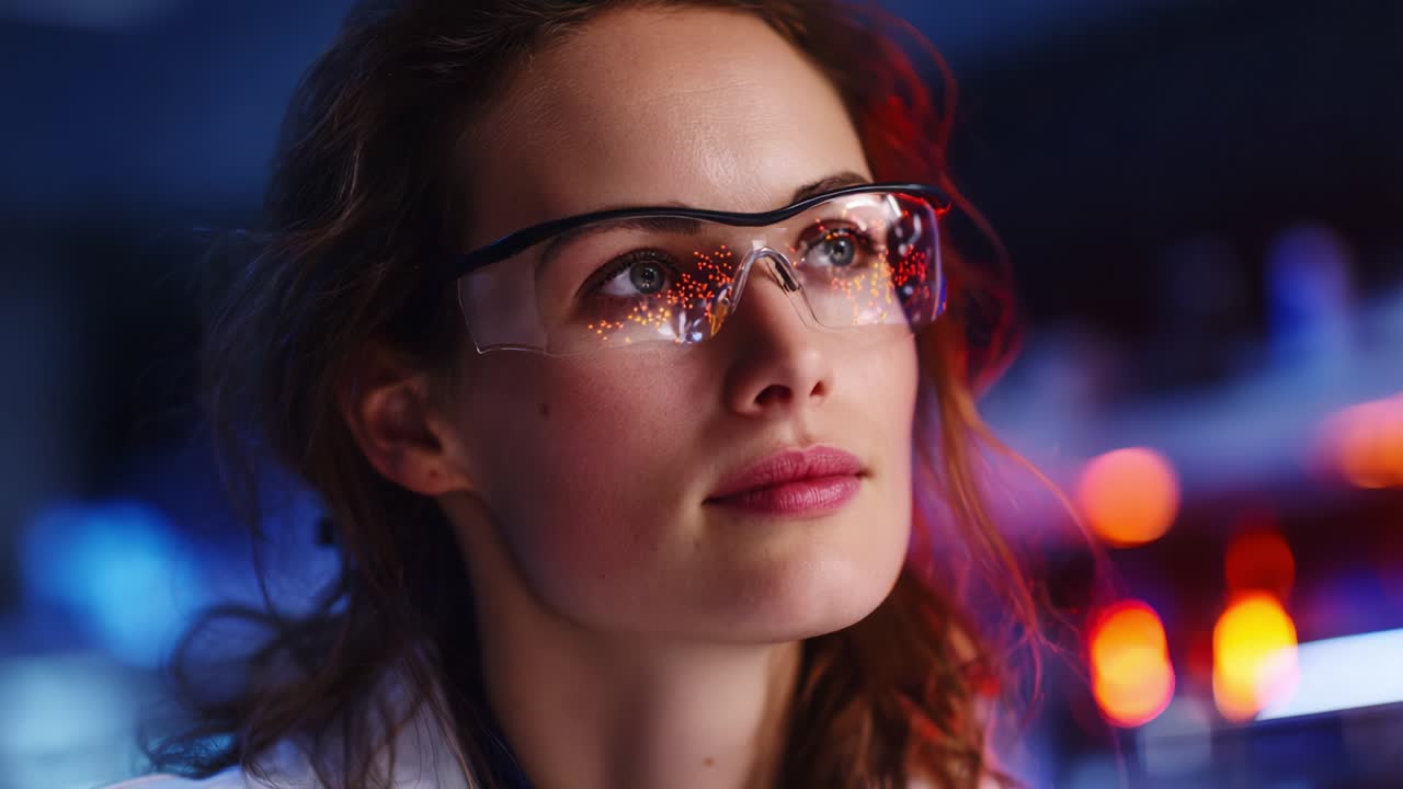 A focused scientist wearing innovative, futuristic glasses with glowing lenses leans forward, captivated by the experiment presented in her vibrant laboratory environment, showcasing intelligence and creativity in research