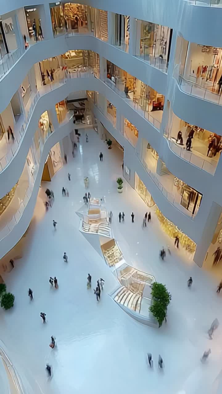 Stunning View of a Modern Shopping Mall Interior with Multiple Levels and Elegant Design, Showcasing Shoppers and Sophisticated Storefronts in Bright Lighting