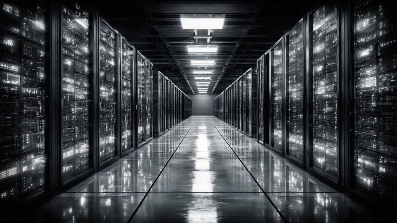 Et visuelt slående perspektiv af et moderne datacenter med rækker af serverrack oplyst af blød belysning, der skaber en højteknologisk atmosfære.