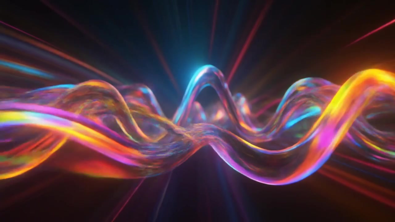 Abstract Iridescent Wavy Glass Tubes with Glowing Light Rays