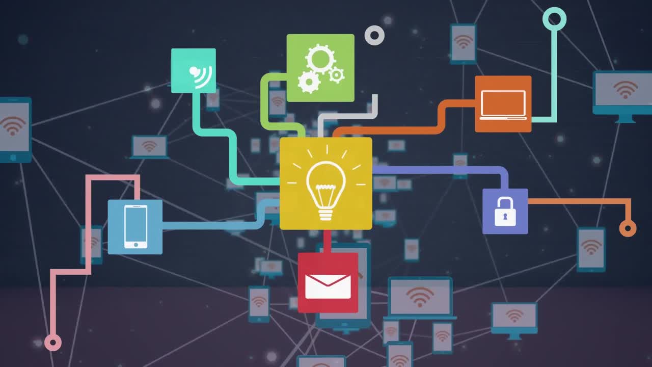 Animation of network of connections with icons on black background