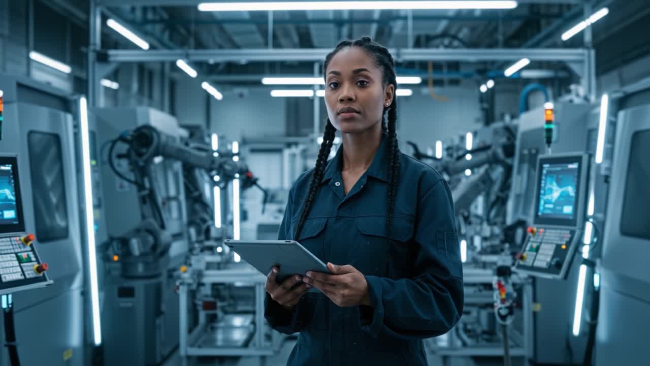 A skilled technician with braided hair inspects data on a tablet while standing in a state-of-the-art automated factory. The environment is filled with advanced robotic arms working on production tasks. This modern space showcases the intersection of technology and manufacturing. It highlights the e