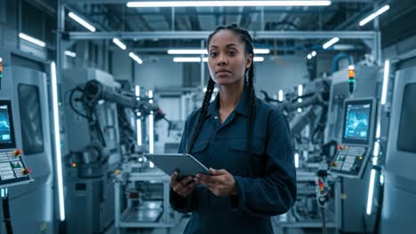 a skilled technician with braided hair inspects data on a tablet while standing in a state-of-the-art automated factory. the environment is filled with advanced robotic arms working on production tasks. this modern space showcases the intersection of technology and manufacturing. it highlights the e