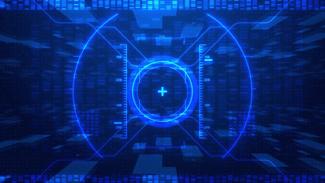 Healthcare scanner dashboard visual with bright blue crosshair circular hud marks and digital