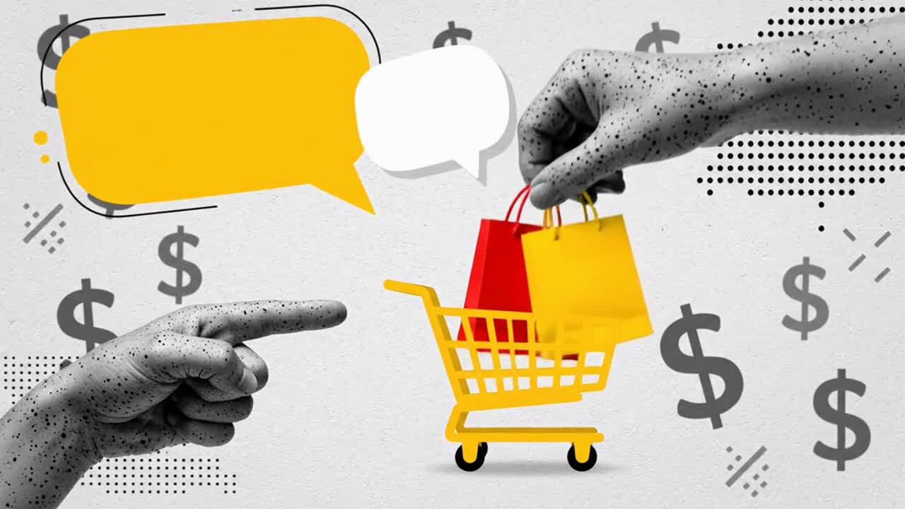 E-commerce and Online Shopping Discussion with Shopping Cart and Bags