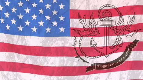 animación del ancla con texto de coyager y marinero sobre la bandera estadounidense