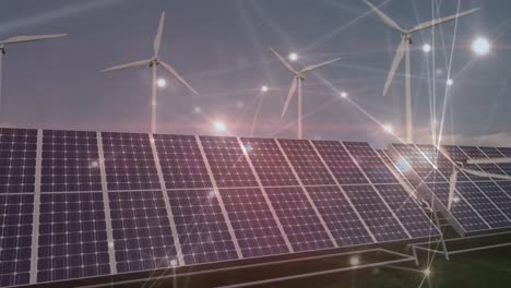 Animation-of-network-of-connections-over-solar-panels-and-wind-turbines