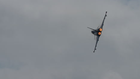 military jet aircraft turning in slow motion with visible afterburner flames coming from engines against cloudy sky