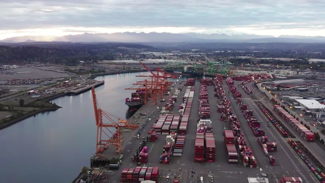 Aerial View Of Seaport In Tacoma, Washington On A Cloudy Day - drone shot