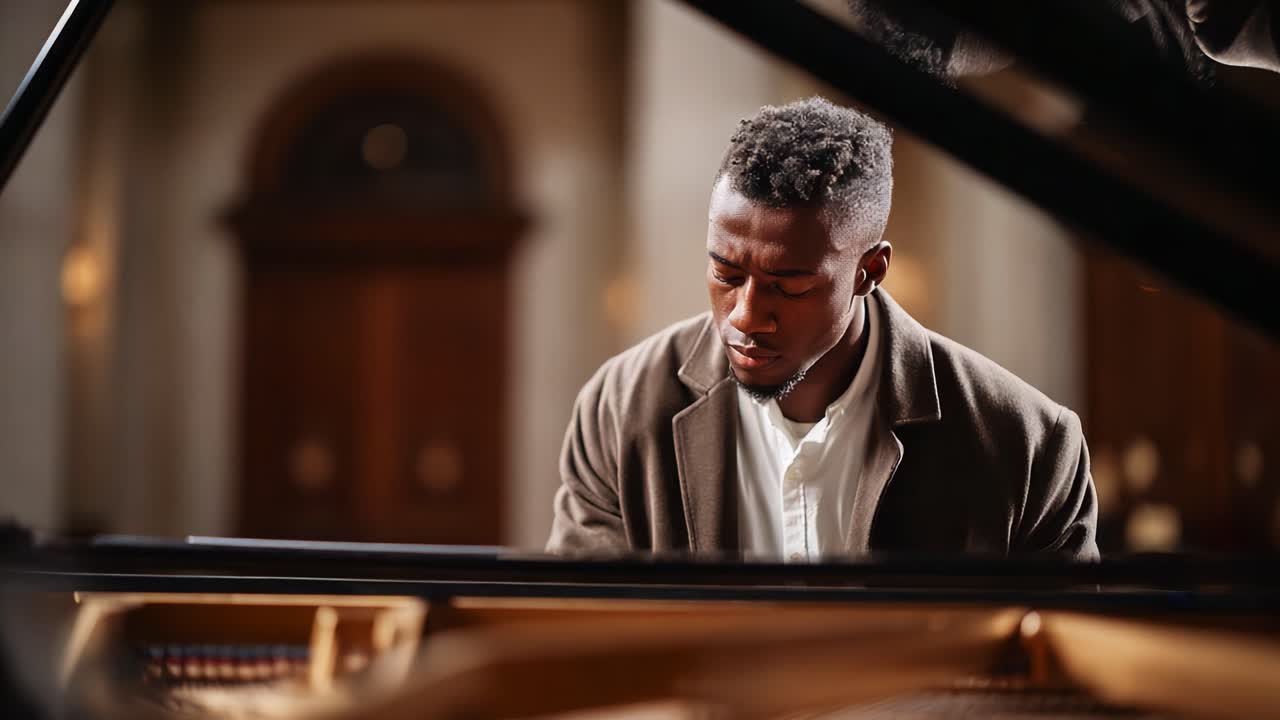 En talangfull musiker djupt försjunken i konsten att spela piano, som fångar essensen av kreativitet och känslor i en lugn och elegant miljö