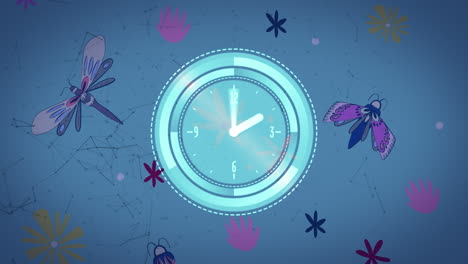 animación de reloj moviéndose rápidamente sobre redes de conexiones e insectos sobre fondo azul