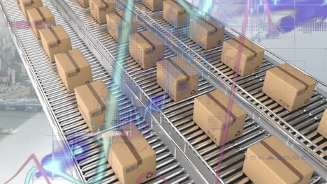 animación del procesamiento de estadísticas sobre cajas de cartón en cintas transportadoras