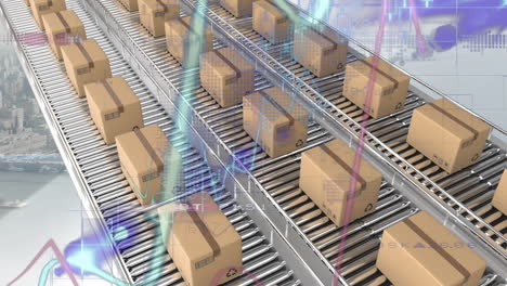 animation of statistics processing over cardboard boxes on conveyor belts