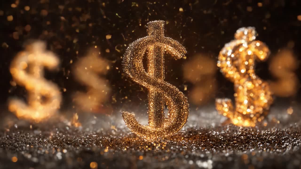 Glamorous golden dollar sign symbol forming from glittering particles on a dark, luxurious background, conceptualizing wealth, finance, success, and economic prosperity in a magical way