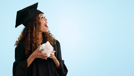 Happy-woman,-student-and-piggy-bank-for-savings