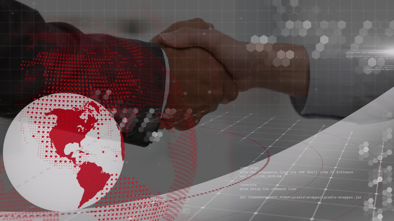 Animation of spinning globe over people shaking hands