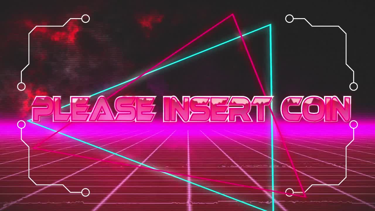 animación de la moneda de inserción sobre triángulos en espacio digital negro y rosa
