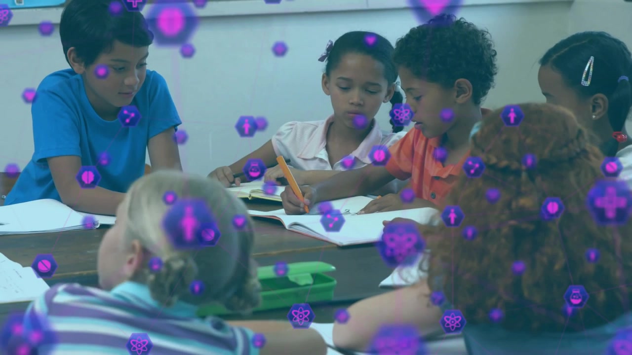 Classroom students exchanging pencil and writing, initiating purple icon overlay for learning