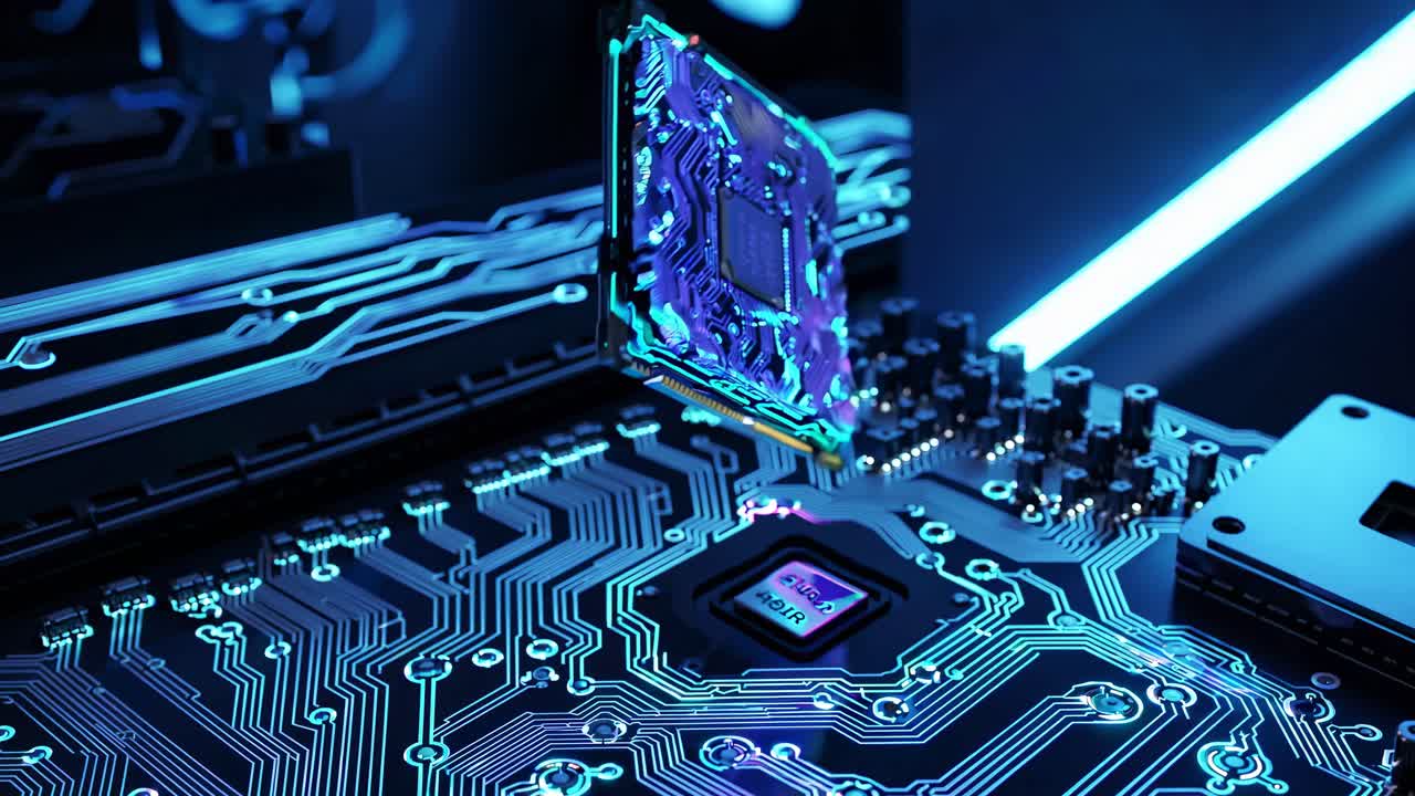 Close-up view of a computer chip and circuit board with glowing blue light