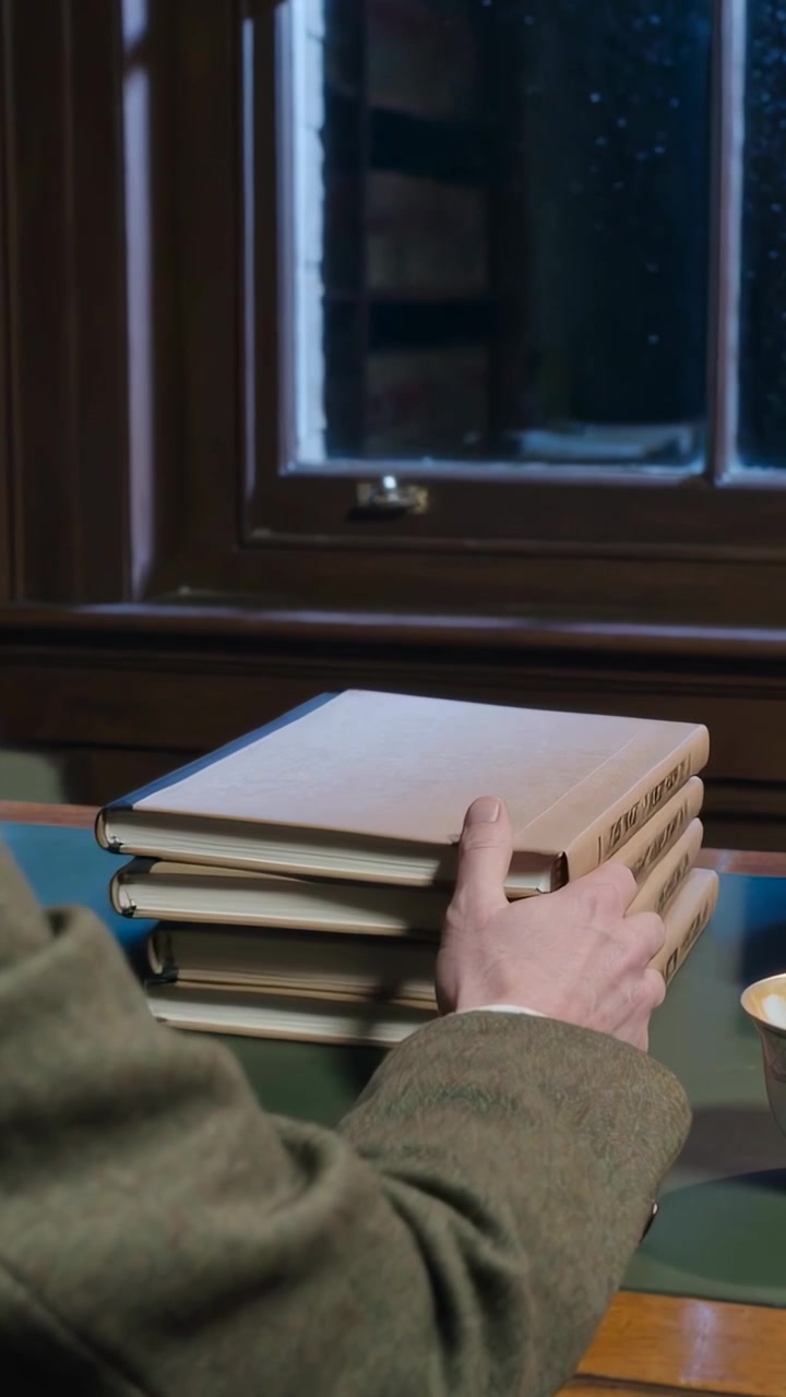 Vertical video: Rain tapping pane, tweed-clad man moving 3 books on green pad to read, copy space