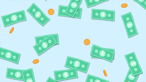 animation of bills and coins rain. 2d flat style. falling dollar banknotes and cents. money, finances concept. seamless looped footage. prize, jackpot win looped animated video