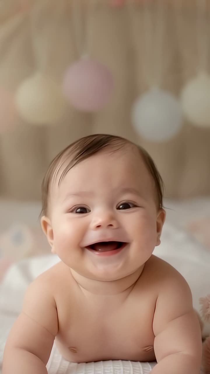 Vertical video: Curiosity spurring infant pushing up on white quilt in nursery, with pastel shapes