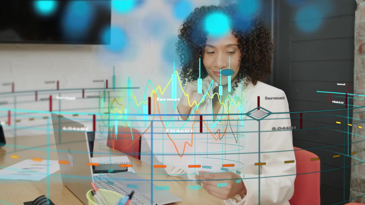 Woman at desk reviewing report, making call, finance charts animating over her and showing peaks