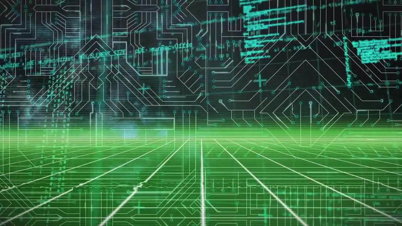 Digital Circuit Board Background with Scrolling Programming Code