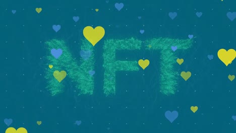 Animación-De-Corazones-Azules-Y-Amarillos-Sobre-Texto-Nft-Sobre-Fondo-Azul