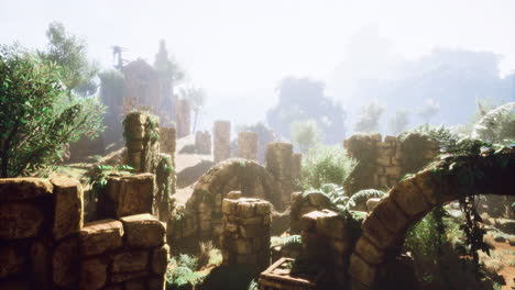 exploring overgrown ruins with ancient stones and lush vegetation in daylight