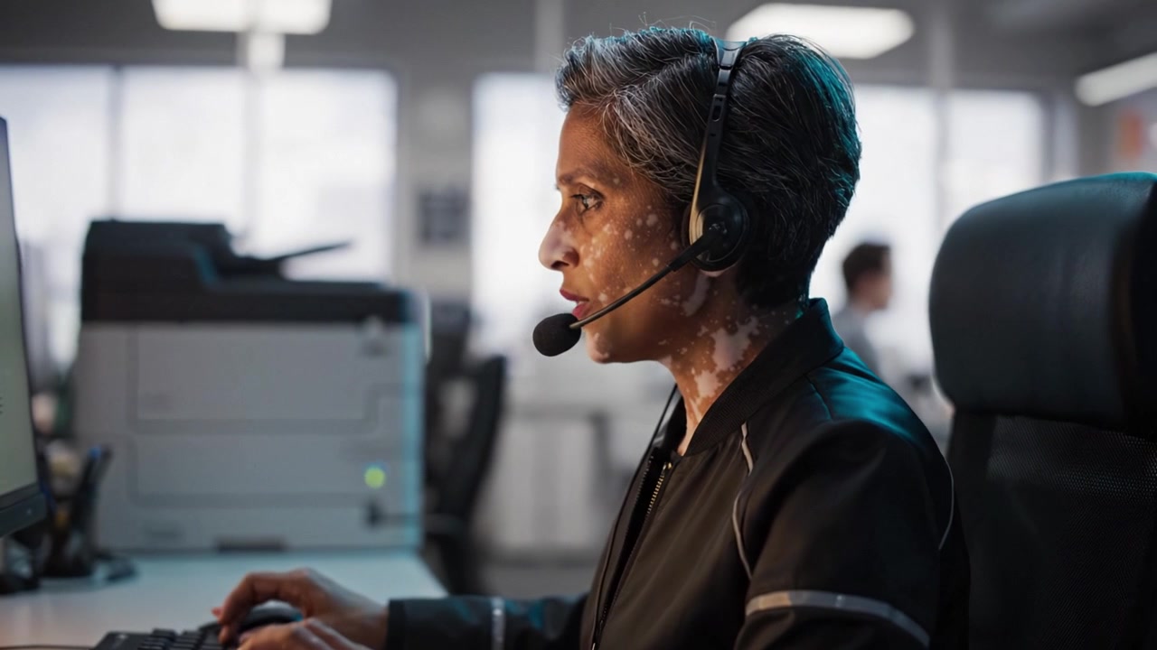 Uma mulher profissional com fone de ouvido focada na tela do computador, engajada em um ambiente de call center com uma atmosfera de trabalho moderna e concentração diligente.