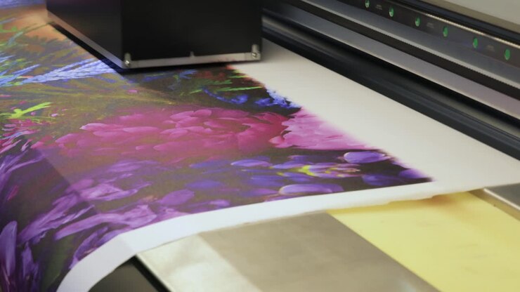 Industrial sublimation printer for digital printing on fabrics. Modern textile industry.