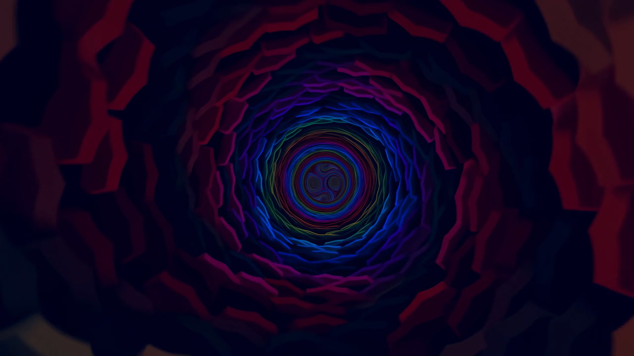 Colorful Tunnel With Rotating Layers, Psychedelic Spiral Of Geometric Rings And Neon Gradients, Hypnotic Depth