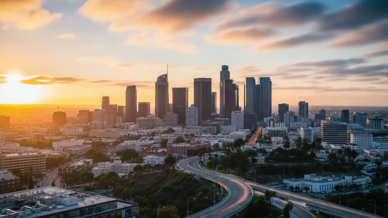 A Stunning Transition: Capturing the Vibrant Skyline of a City from Daylight to Dusk with Iconic Architecture and Flowing Traffic in Motion