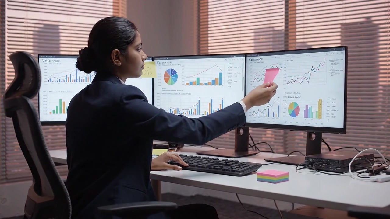 Focused Professional Analyzing Data Trends on Multiple Screens in a Modern Office Environment with Charts, Graphs, and Key Performance Indicators Visible