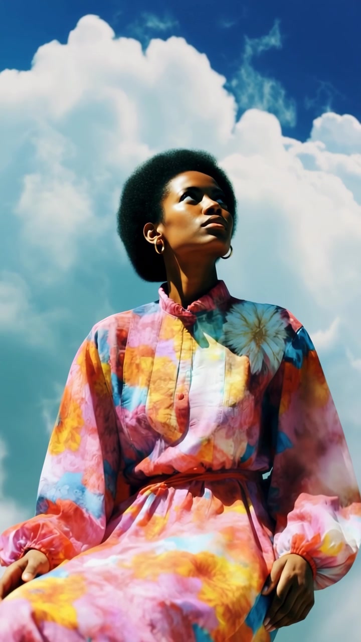 Afroamerikansk kvinde i farverig blomstret kjole ser op mod overskyet himmel