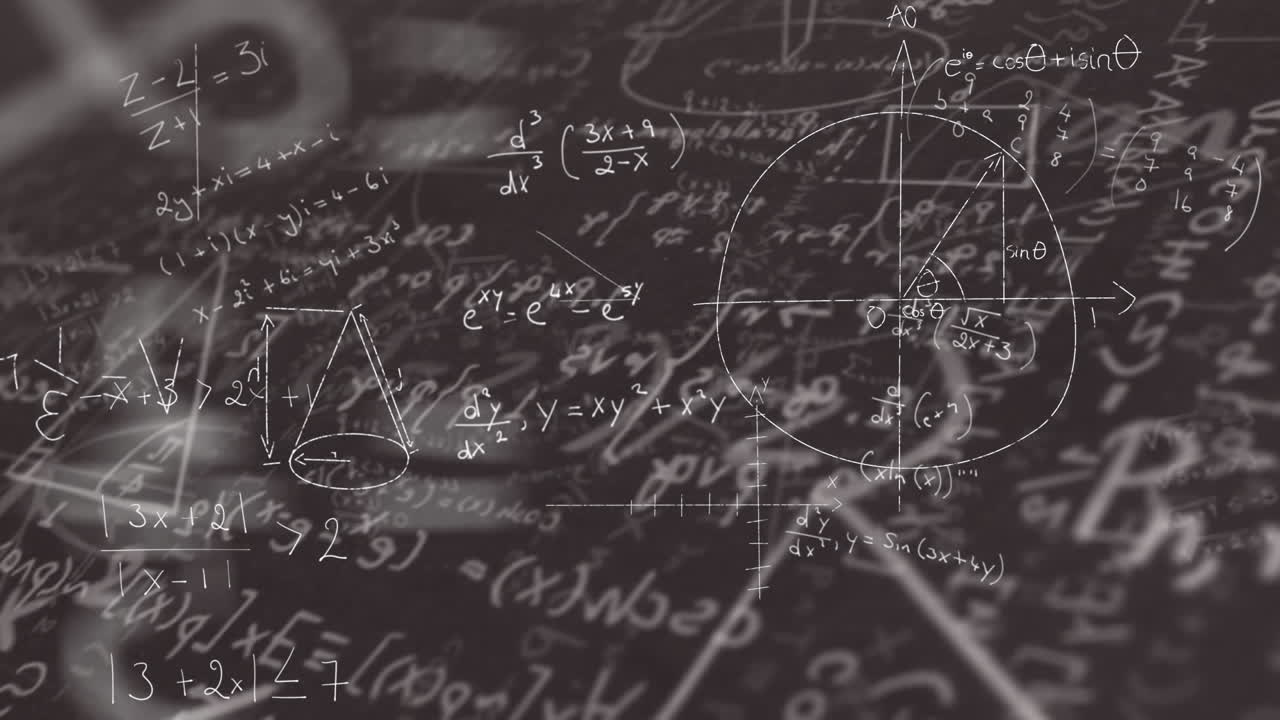 animación digital de ecuaciones matemáticas y diagramas flotando contra un fondo negro