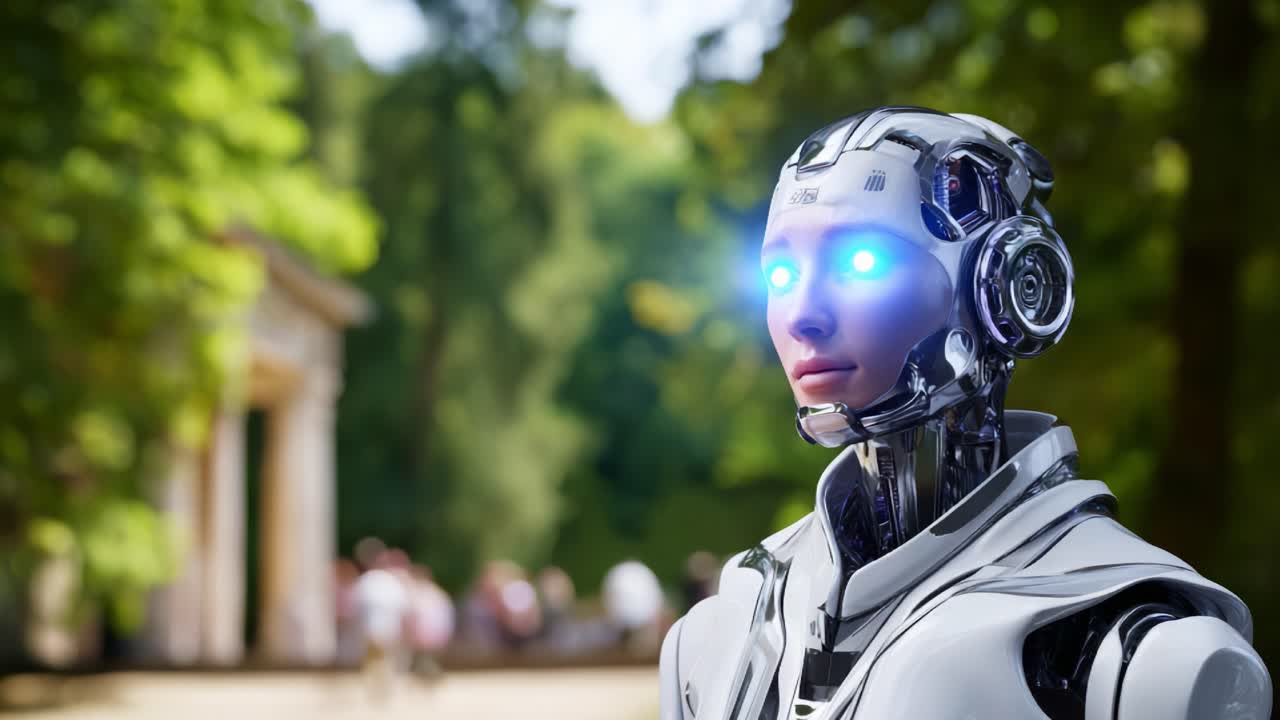 Un robot futuristico con funzionalità avanzate si erge in un lussureggiante parco verde, mostrando una sintesi moderna di tecnologia e natura con scintillanti occhi blu