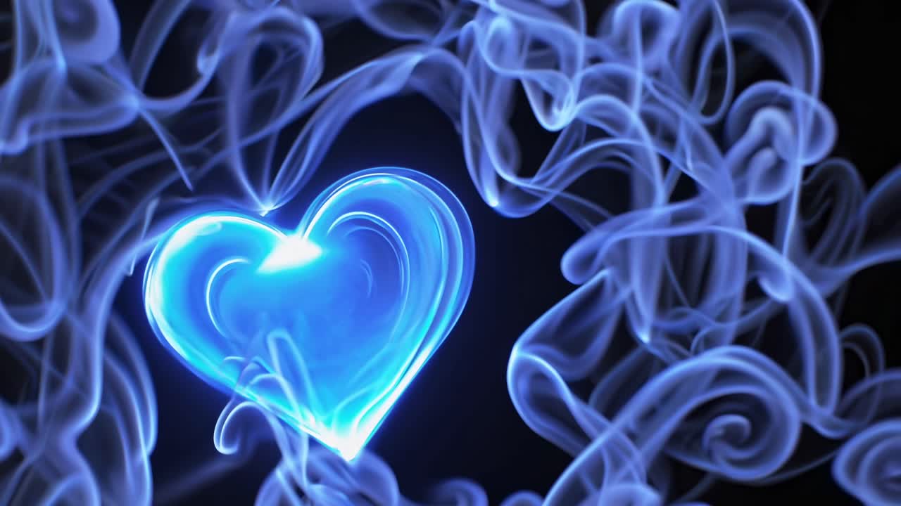 A glowing blue heart amidst swirling smoke, captured from a top-down angle